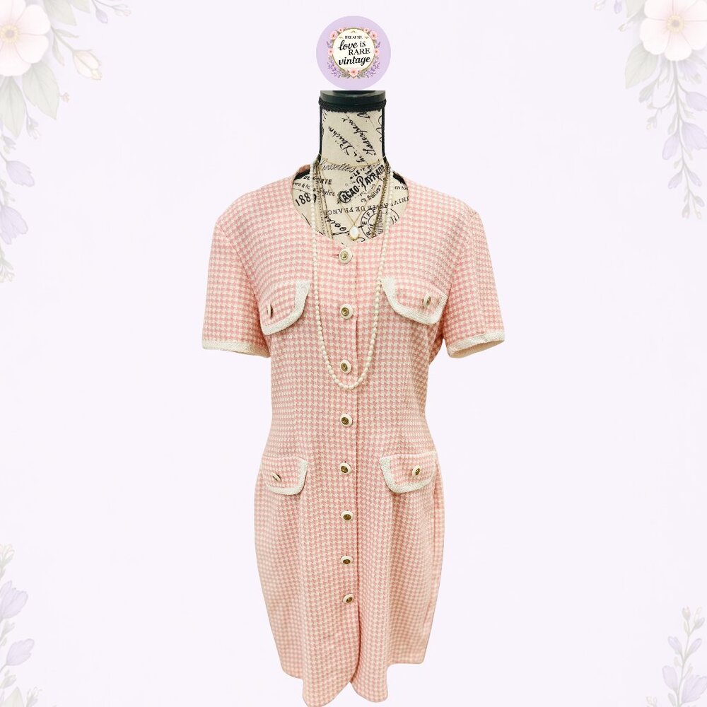 Vintage 1980s Pink Houndstooth Dress • La Belle • Gold Button Sheath • USA Made